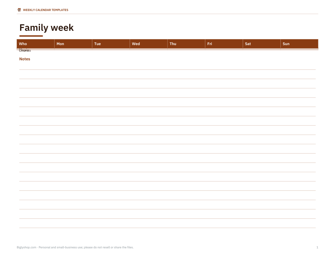 Preview of the first page of Family weekly planner