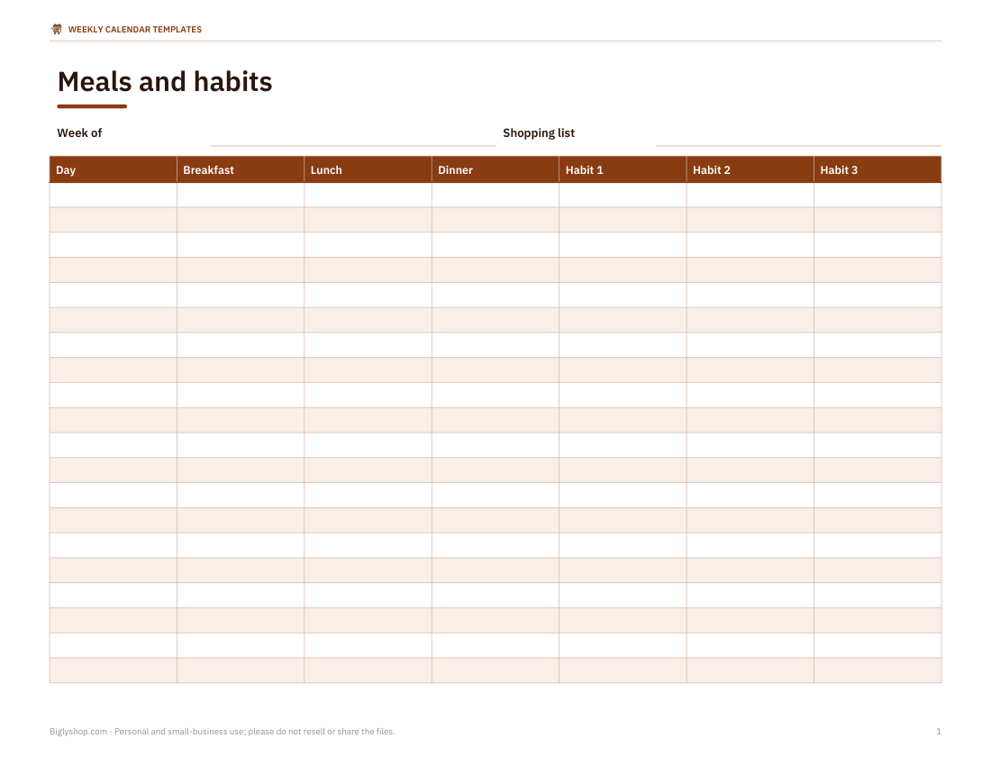 Preview of the first page of Meal & habit planner